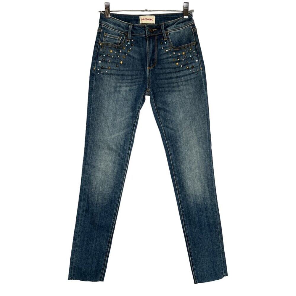 Driftwood Jackie Studded Jeans Mid Rise SIZE 24x28 Faded Raw Hem Denim